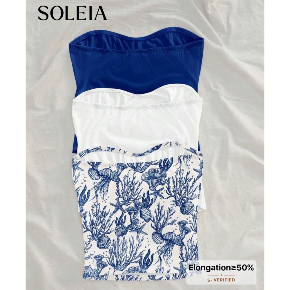 SOLEIA Womens 3 Pack Strapless Tube Tops Blue White Coastal Coral Floral Bundle